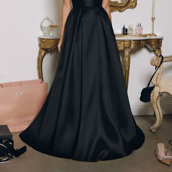 New Black A-Line Mikado Sleeveless Gown w/ Pleated Skirt & Side Pockets CD T814 - Picture 9 of 9